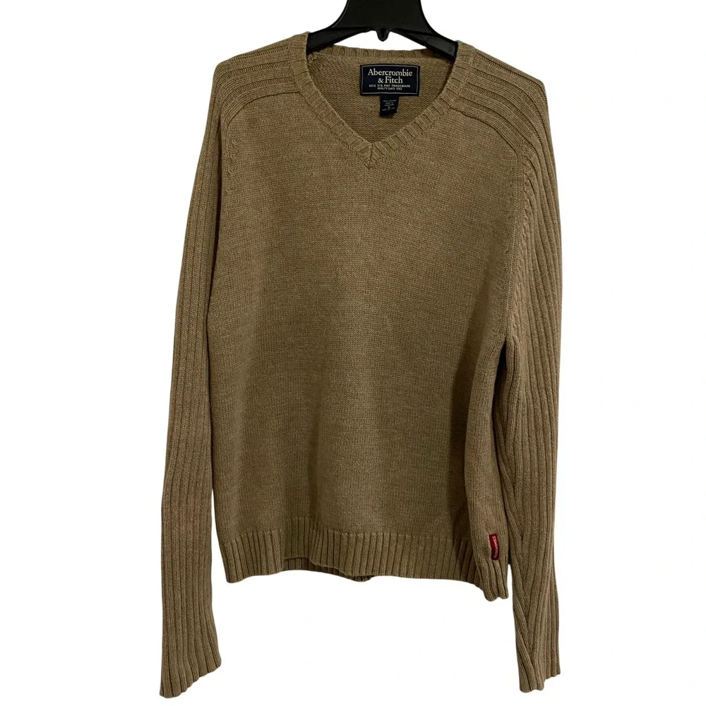 Abercrombie & Fitch V-Neck Sweater Womens XL Preppy Tan Ribbed Knit Long Sleeve